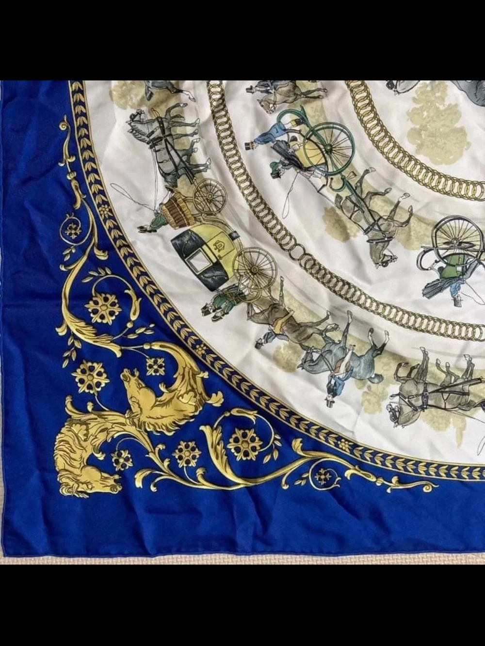 Hermes Royal Blue, White & Gold Carriage Silk Scarf
